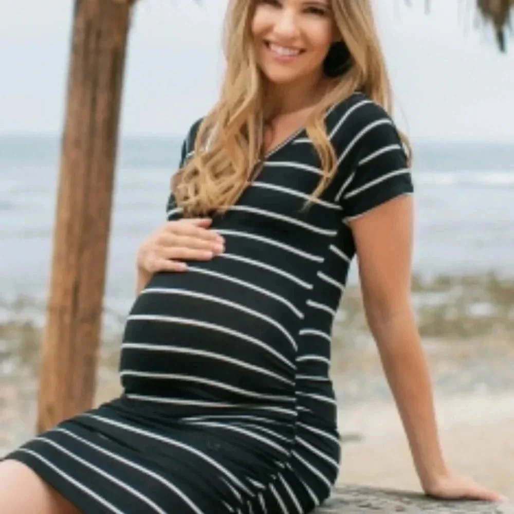 NEW‎ Pinkblush Black Striped Ruched Bodycon  Dress